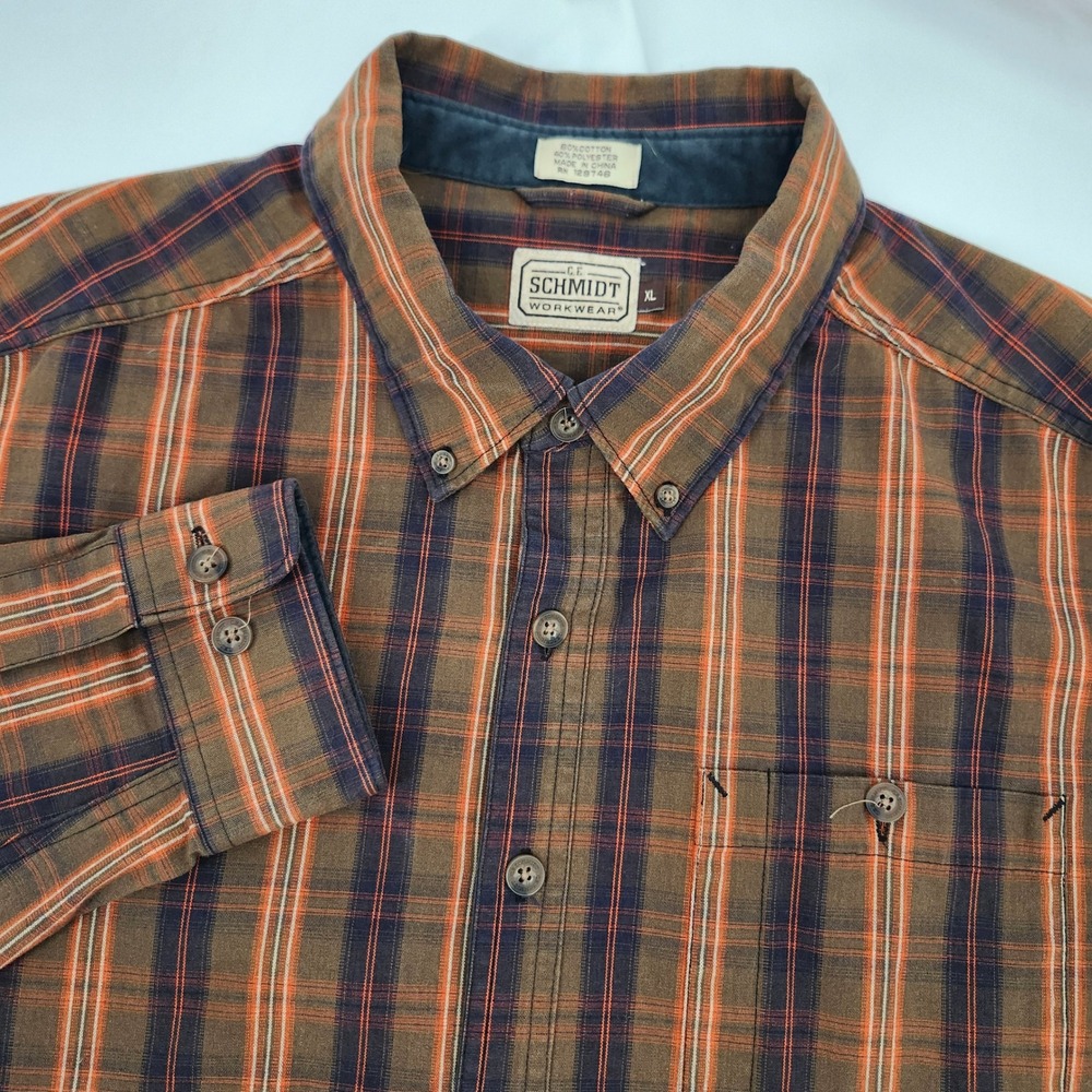 C.E. Schmidt Mens Workwear Button Down Shirt Size XL Brown Plaid Cabin Rugged